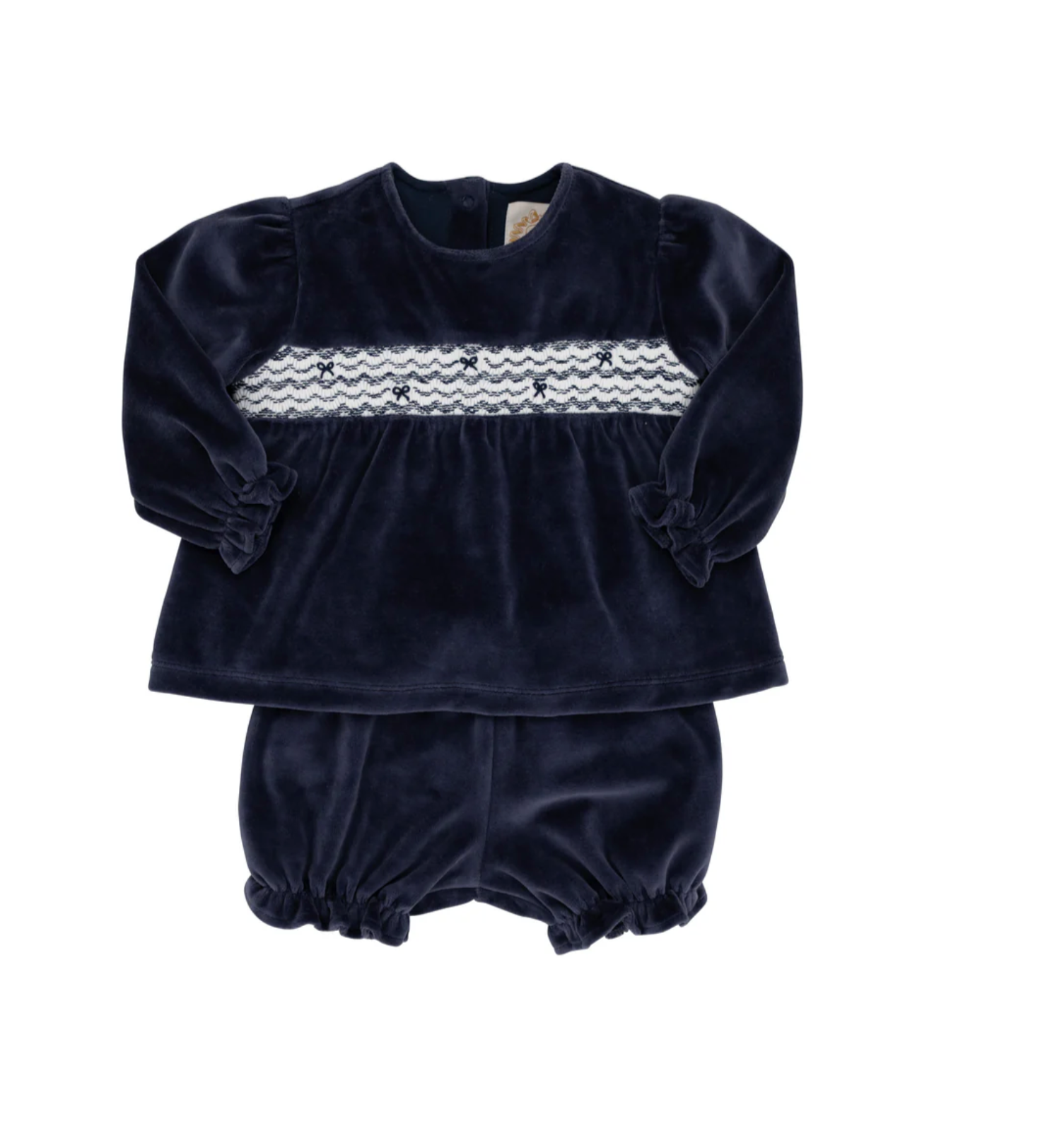 TBBC: Smocked Bon Air Bloomer Set (Velour) - Nantucket Navy