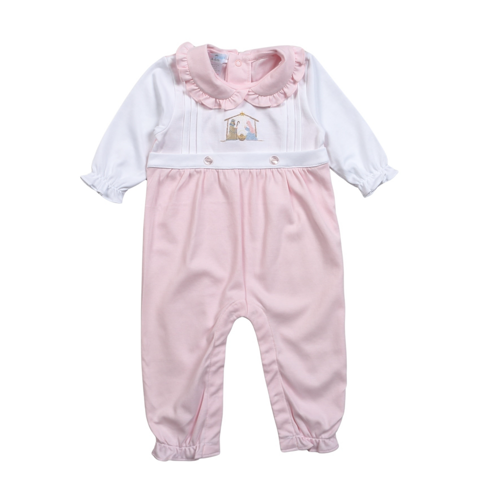 Baby Loren: Pink Nativity Hand Embroidered Pima Romper