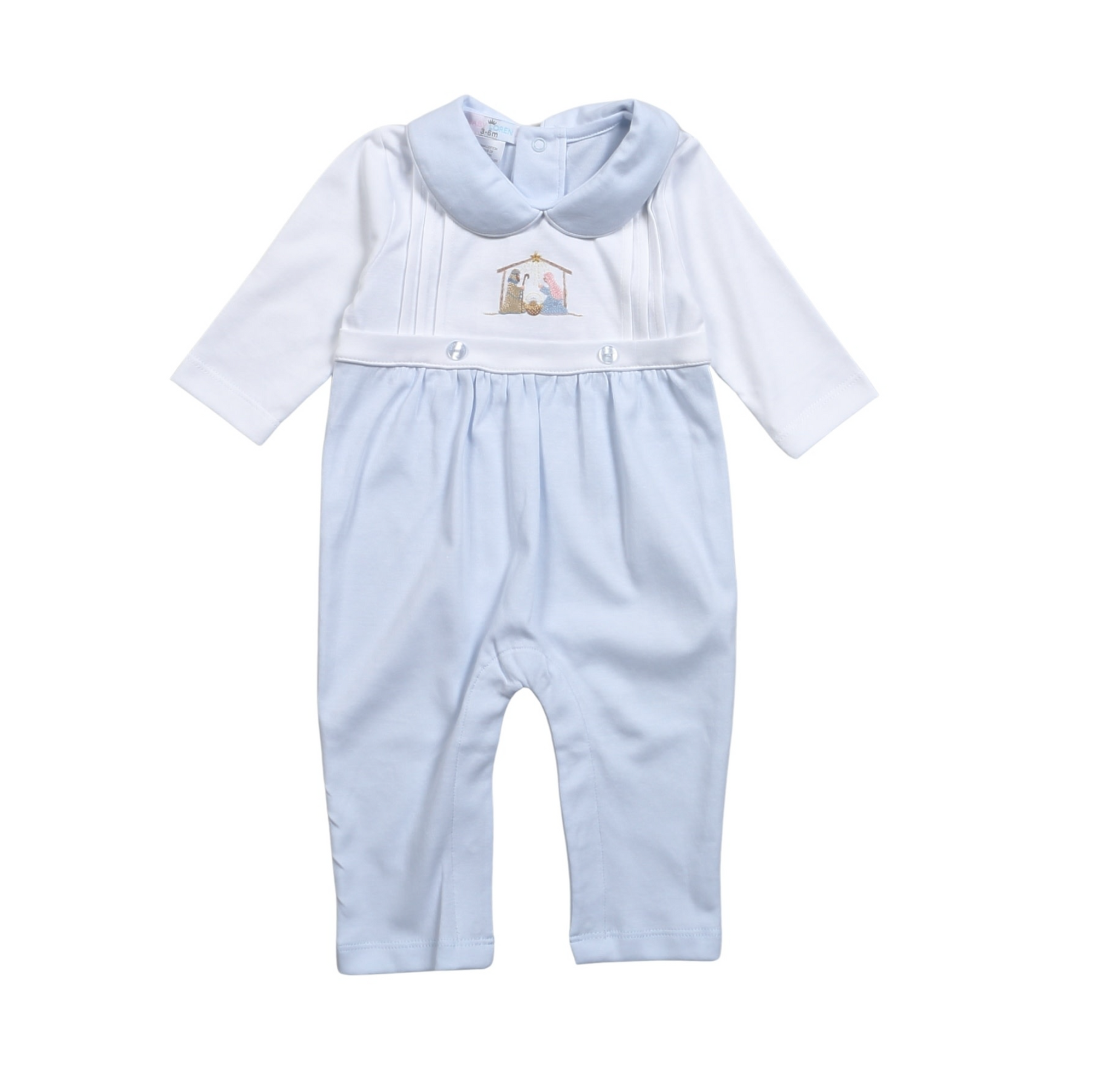 Baby Loren: Blue Nativity Hand Embroidered Pima Romper