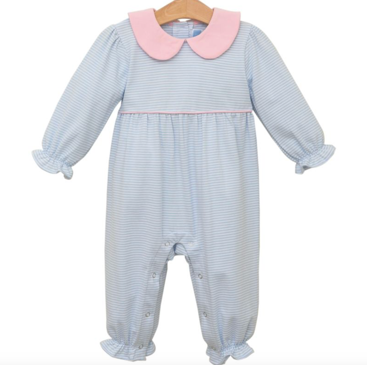 Trotter Street: Katherine Romper - Light Blue Stripe - Light Pink