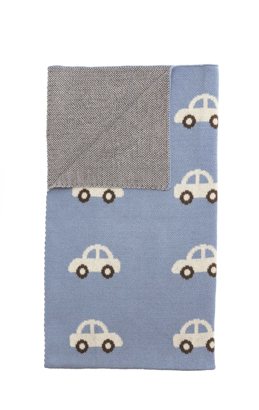 Mud Pie: Blue Car Knit Blanket – Reversible Cotton Baby Blanket
