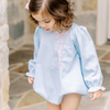 Proper Peony:  Girls Blue Brooklyn Bow Bubble - Pink Bow