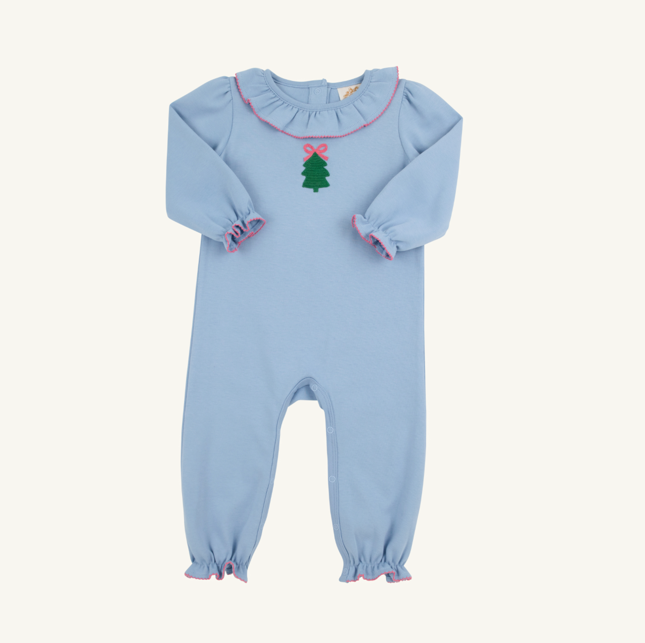 TBBC: Long Sleeve Ramona Ruffle Romper - Barrington Blue/Romany Rose/Christmas Tree