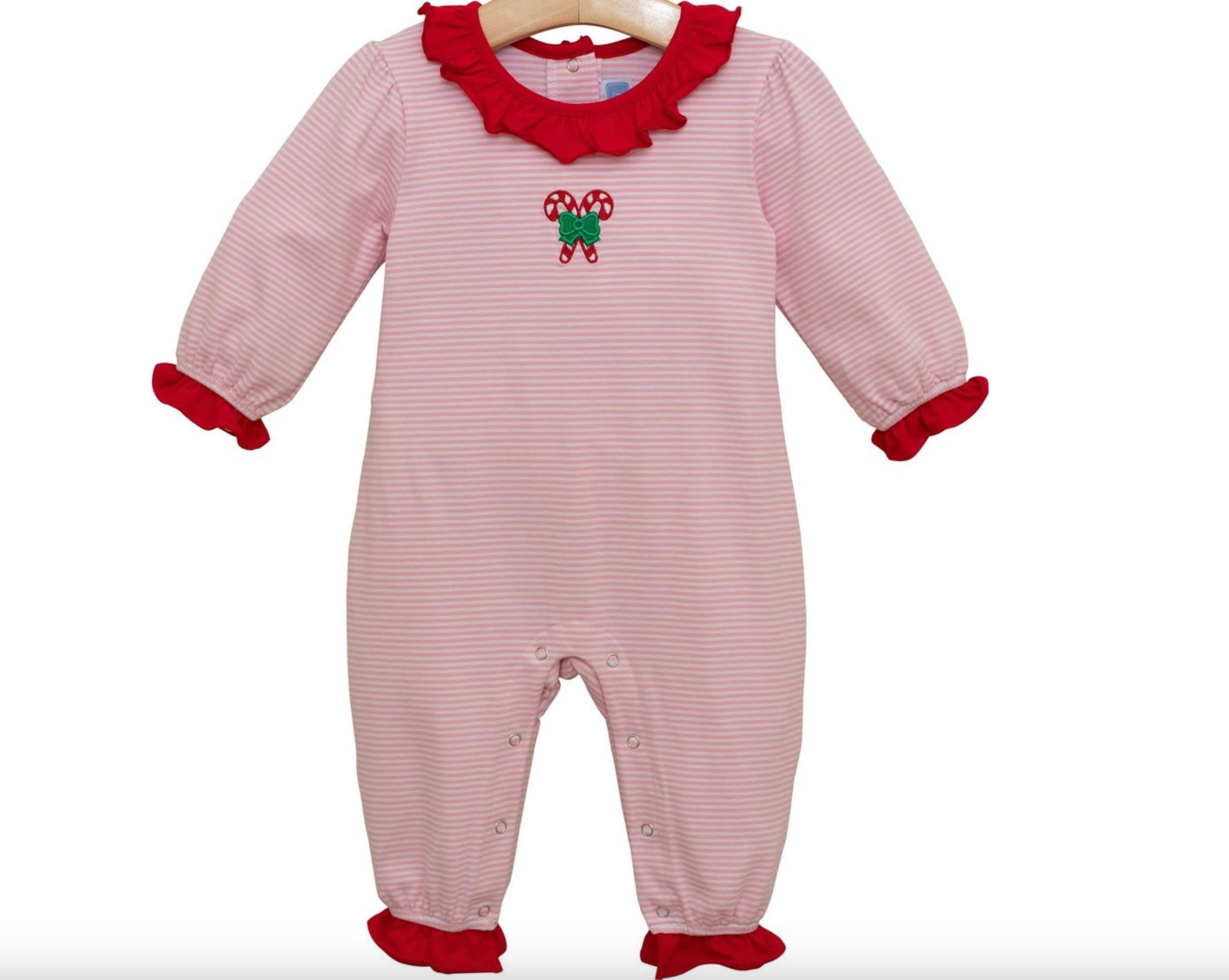 Trotter Street: Candy Cane Embroidery Ruffle Romper
