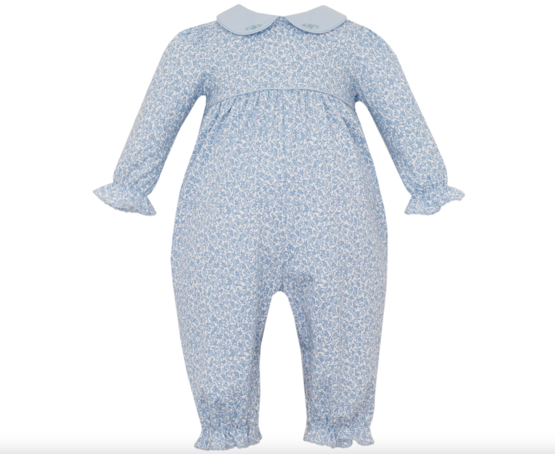 Petit Bebe:  Blue Liberty Print Girl's Long Romper W/Embroidery Collar L/S