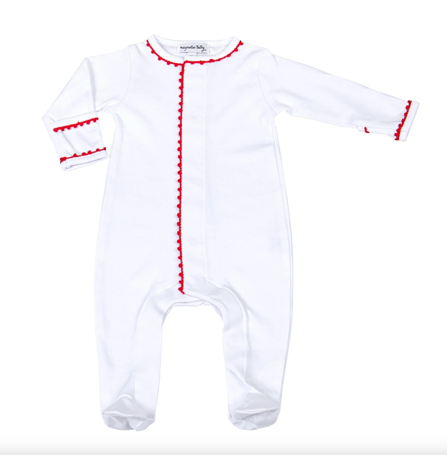 Magnolia Baby: Holiday Baby Joy Footie with Red Crochet Trim