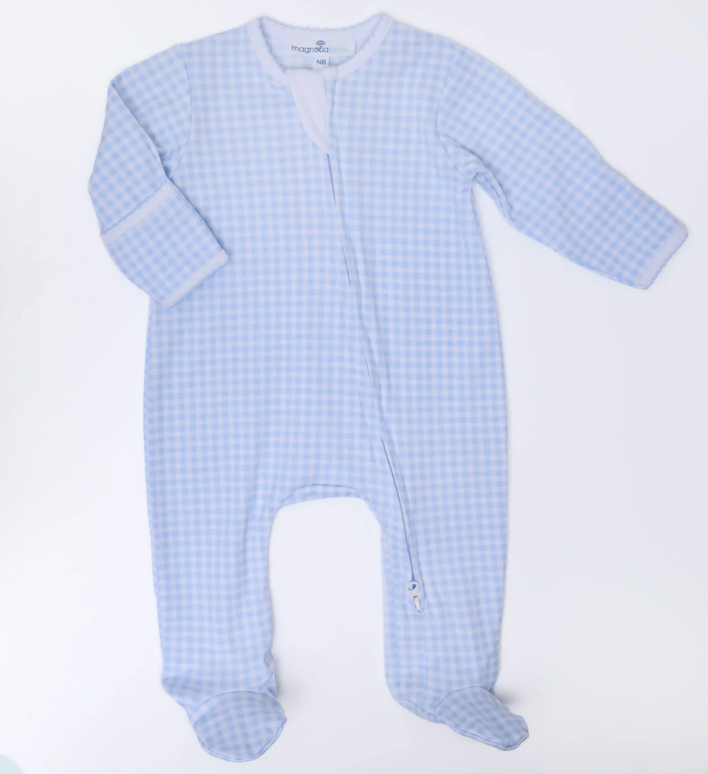 MAGNOLIA BABY:  Mini Checks Zip Footie - Light Blue