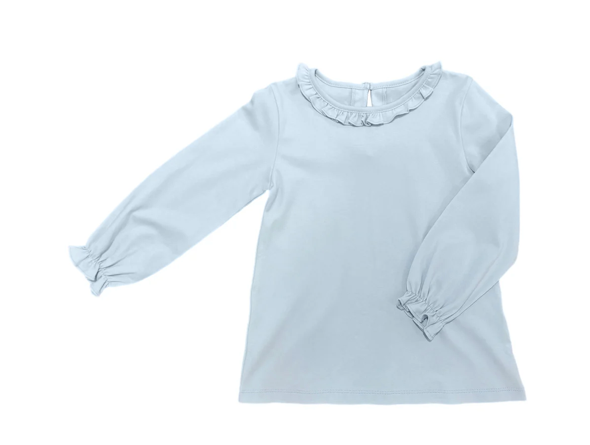 James & Lottie: Basics Pima Ruffle Neck Top, Light Blue