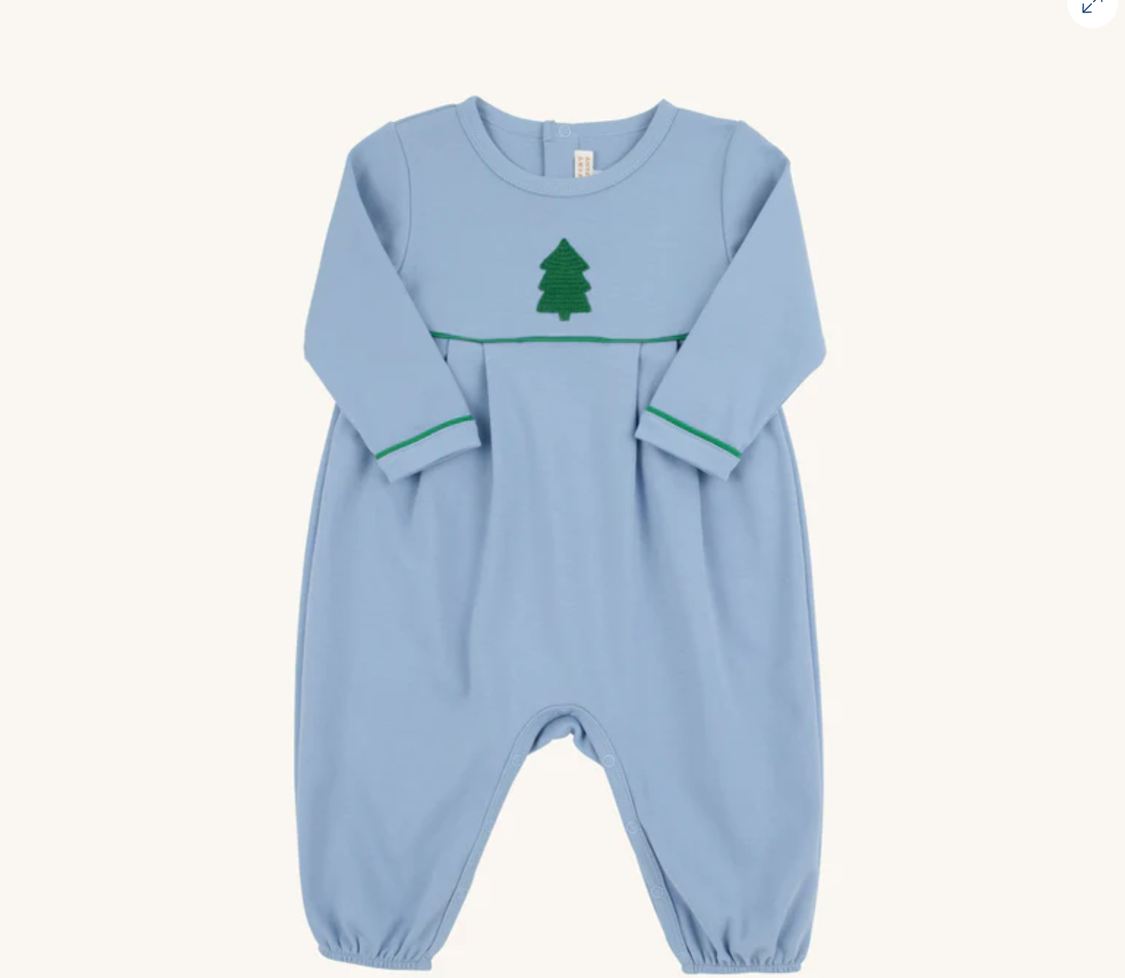 TBBC: Long Sleeve Bradford Romper - Barrington Blue with Kiawah Kelly Green & Christmas Tree Embroidery