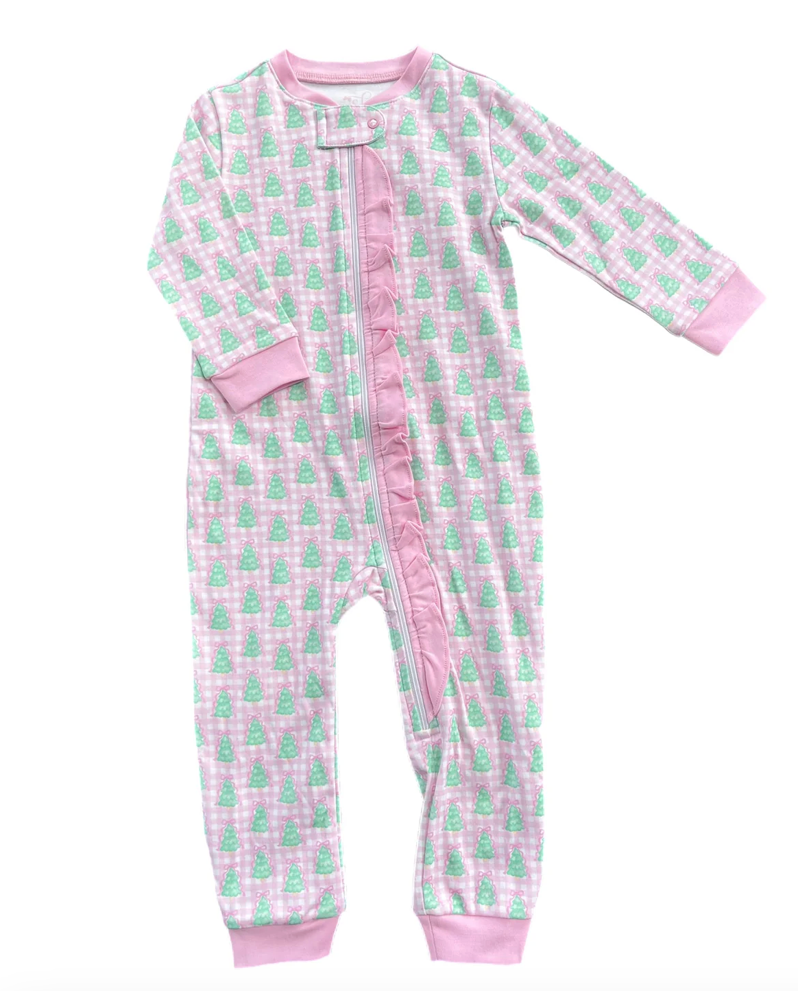 James & Lottie: One Piece Zip Up Jammies, Pink Gingham Christmas Tree Lounge