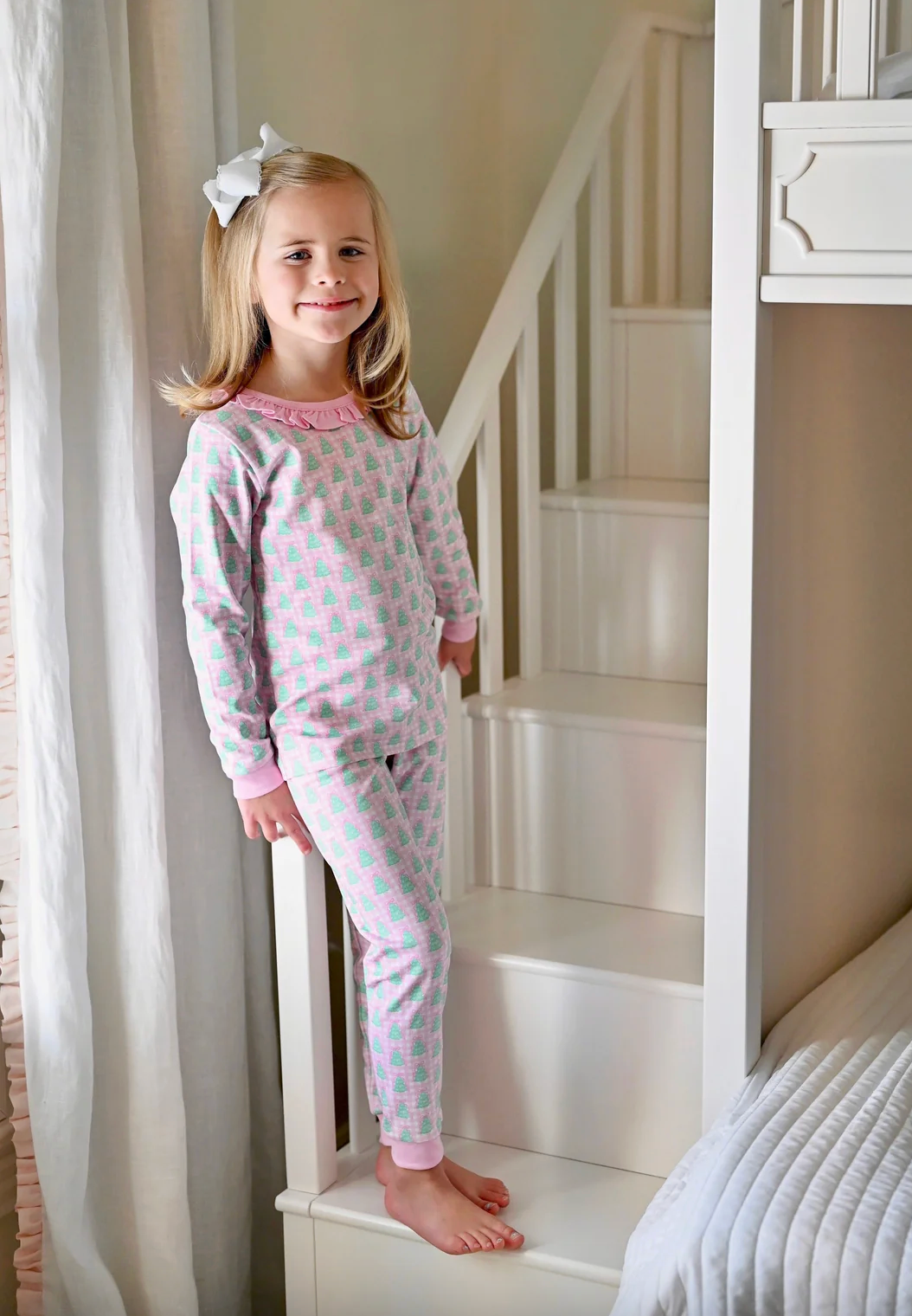 James & Lottie: One Piece Zip Up Jammies, Pink Gingham Christmas Tree Lounge
