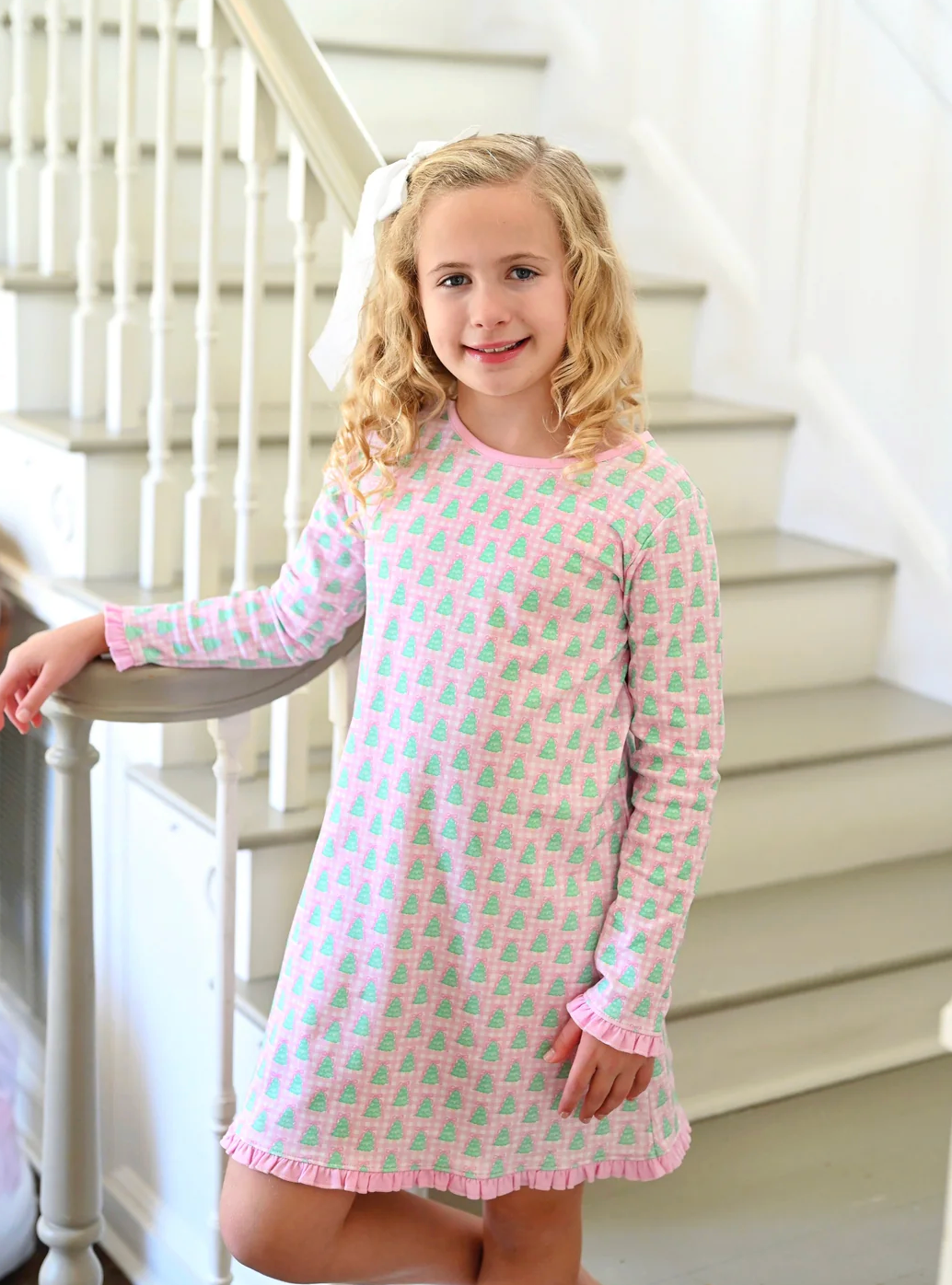 James & Lottie: Girls Lounge Dress, Pink Gingham Christmas Tree