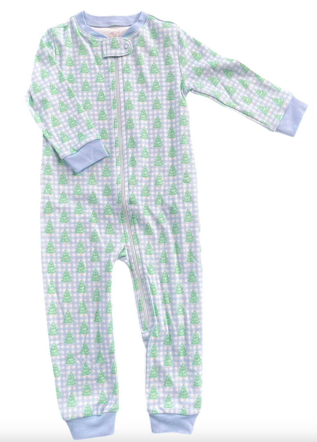 James & Lottie: One Piece Zip Up Jammies - Blue Gingham Christmas Tree