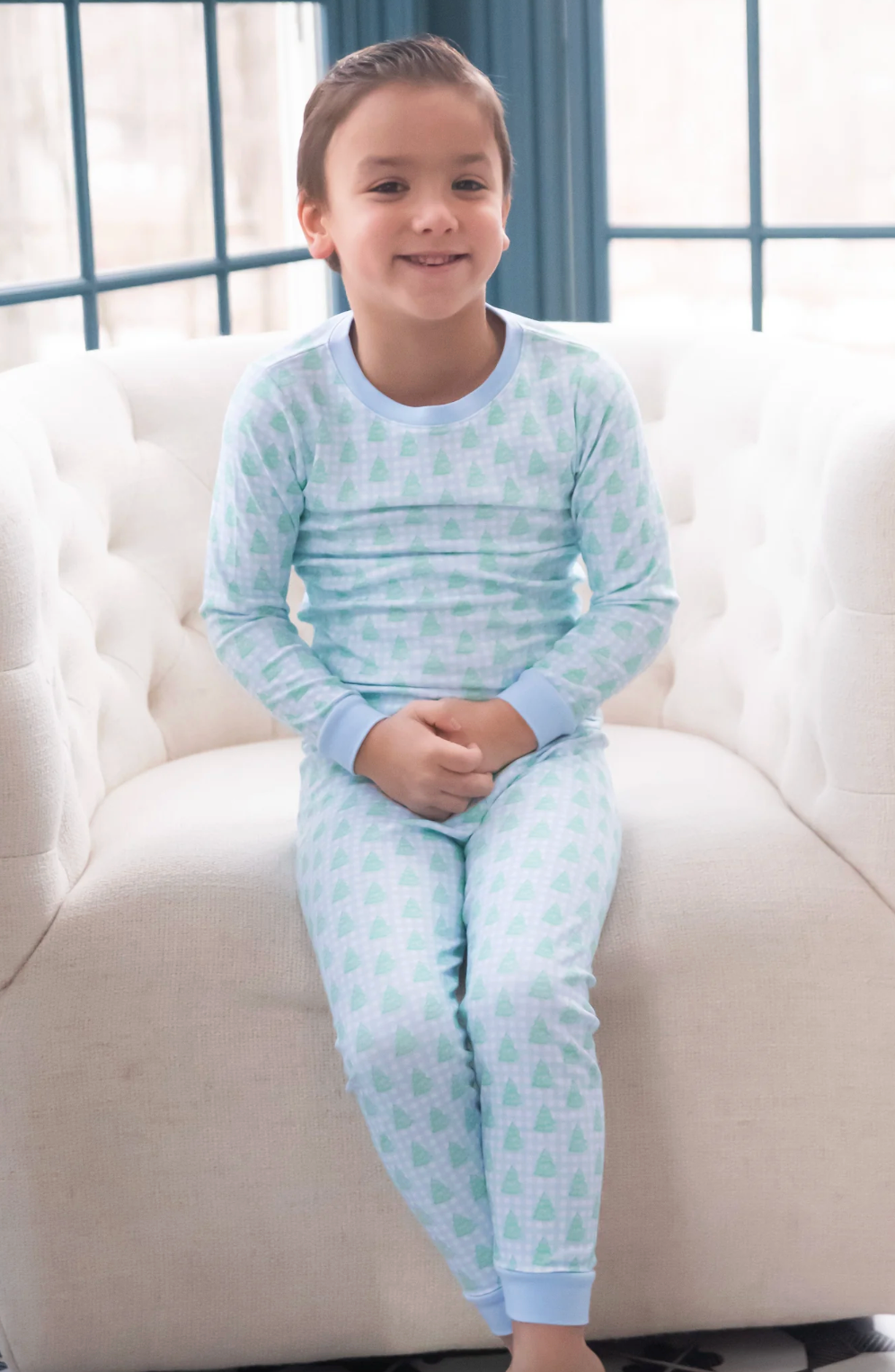 James & Lottie: Two Piece Jammies - Blue Gingham Christmas Tree