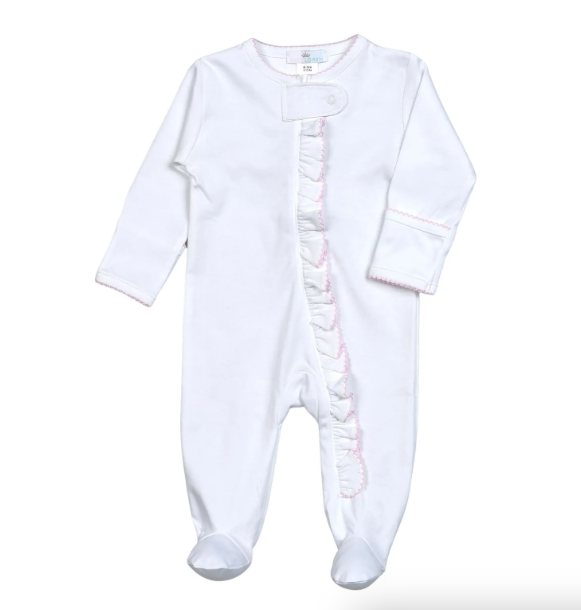 Baby Loren: White Zipper Footie Pink Picot Trim