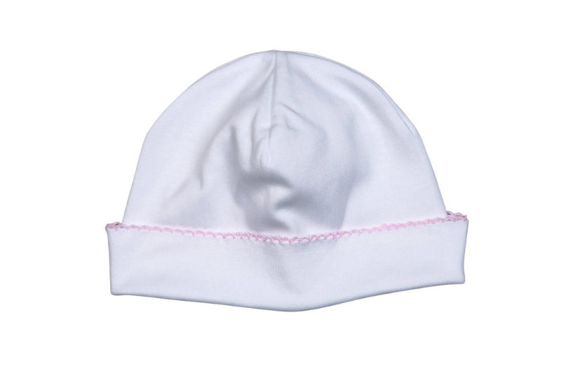 Baby Loren: White Beanie Pink Picot Trim