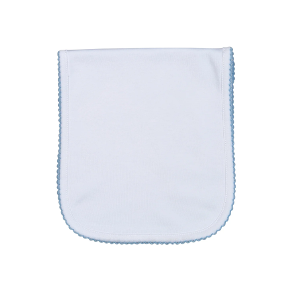 Baby Loren: White Burping Pad Blue Picot Trim