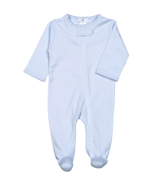 Baby Loren: Blue Zipper Footie Blue Picot Trim