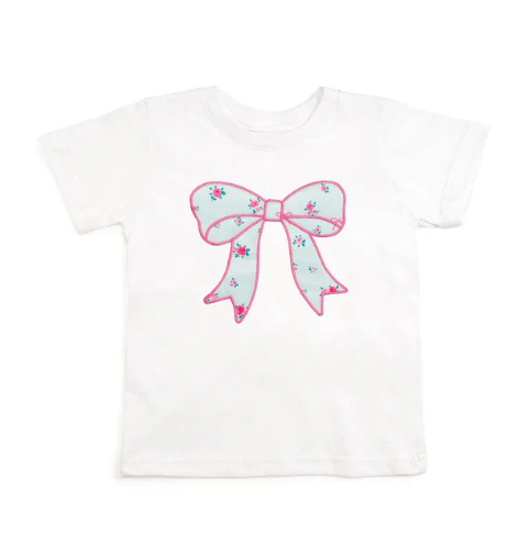 Sweet Wink: Sky Blue Floral Bow Patch Short Sleeve T-Shirt - White