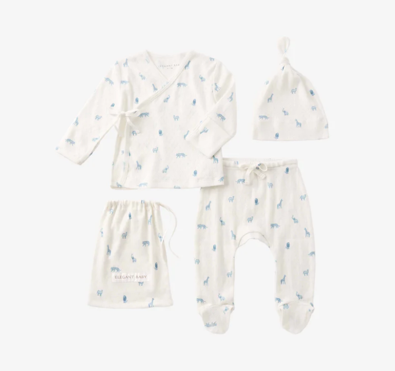 Elegant Baby: Blue Safari Print Organic Cotton Pointelle Layette 3 Pc Gift Set
