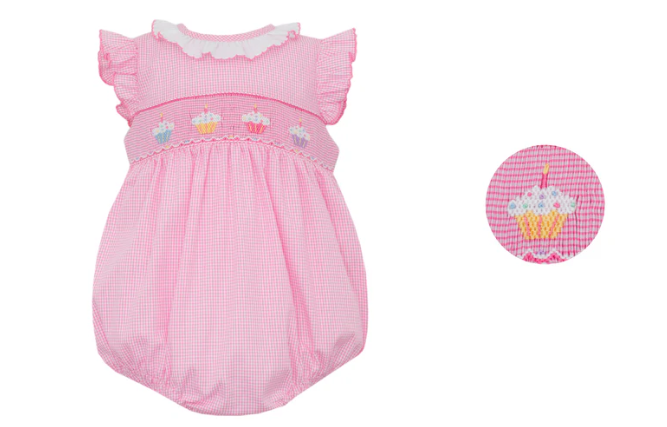Petit Bebe: Girls Pink Check Sleeveless Bubble - Smocked Birthday Cupcakes