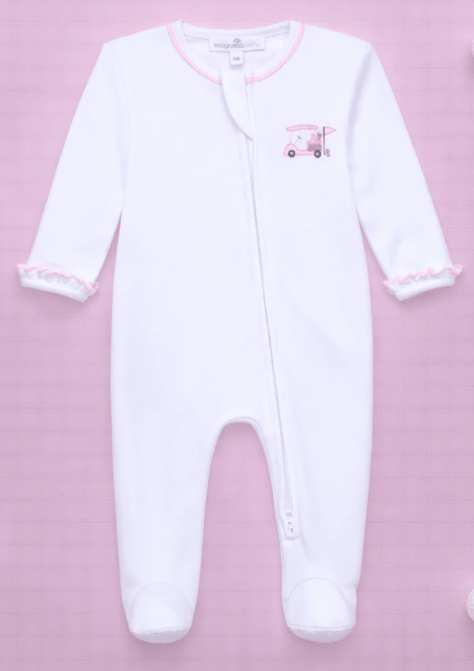 Magnolia Baby: Little Golfer Ruffle Zip Footie - Pink