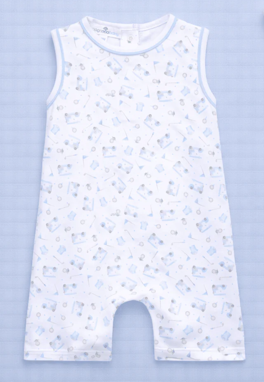 Magnolia Baby: Little Golfer Print Short Playsuit - Light Blue