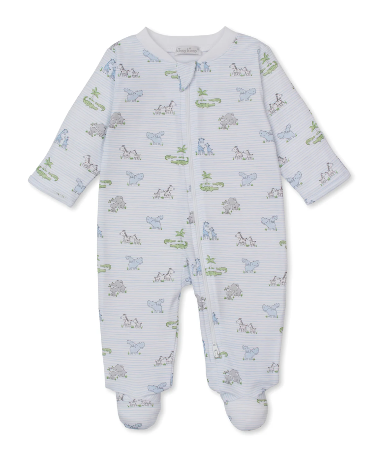 Kissy Kissy: Safari Party Blue Zip Footie