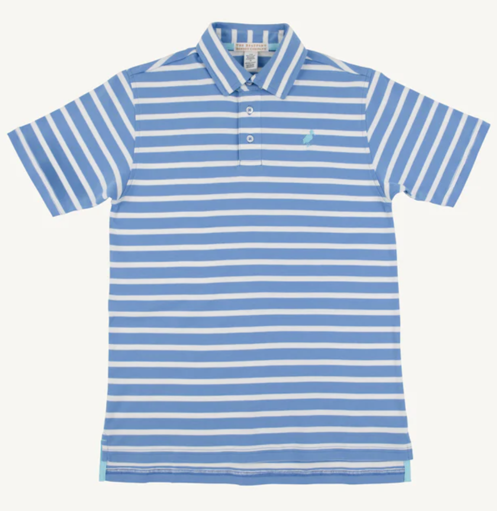 TBBC: Prim & Proper Polo Barbados Blue Stripe with Belhaven Blue Stork