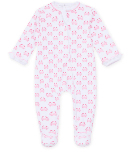 Magnolia Baby: Little Crawlers Print Ruffle Zip Footie - Pink