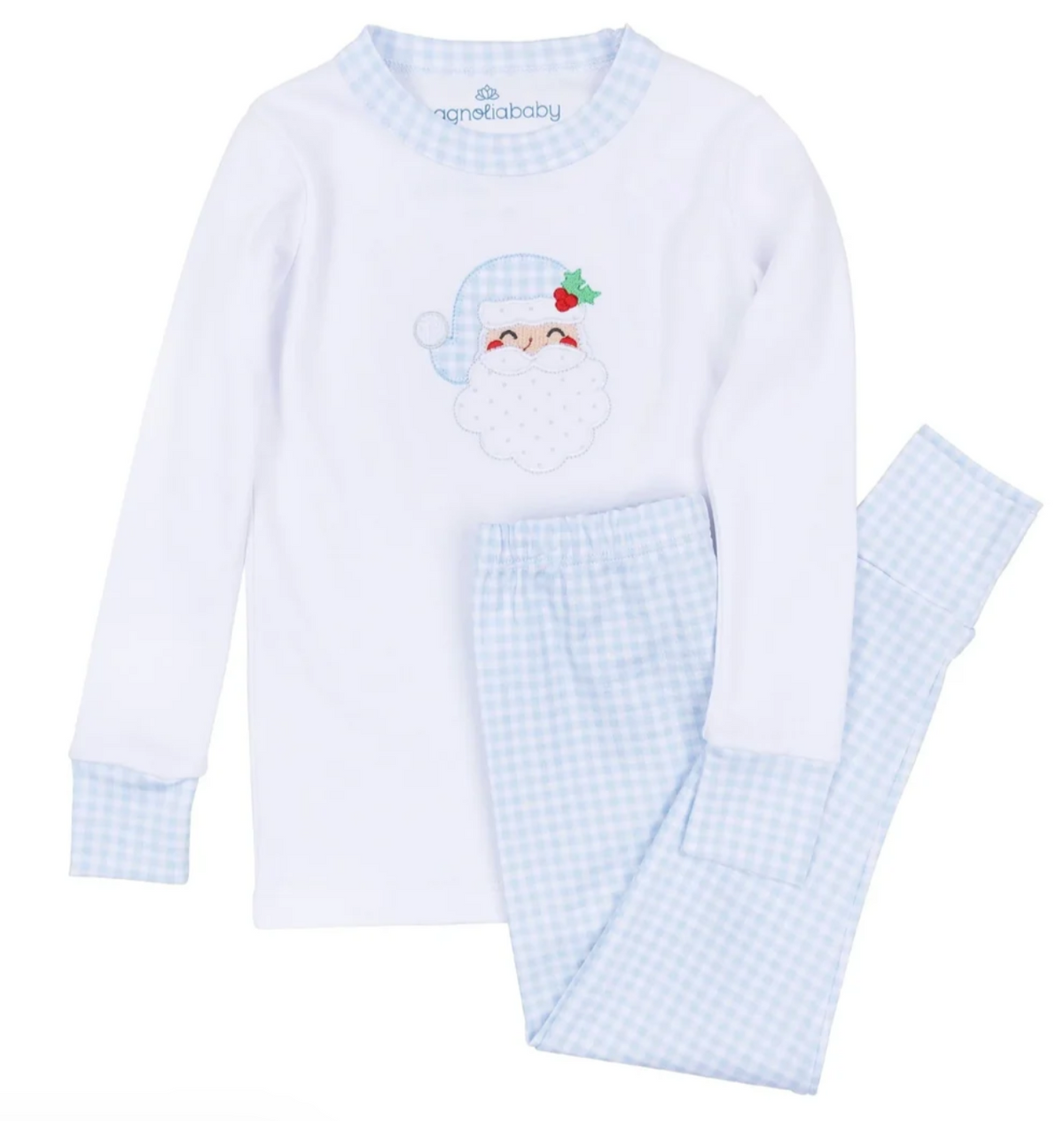 Magnolia Baby: Sweet St Nick Applique Long Pajamas- Light Blue