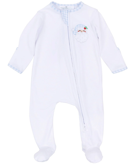 Magnolia Baby: Sweet St Nick Applique Zip Footie- Light Blue