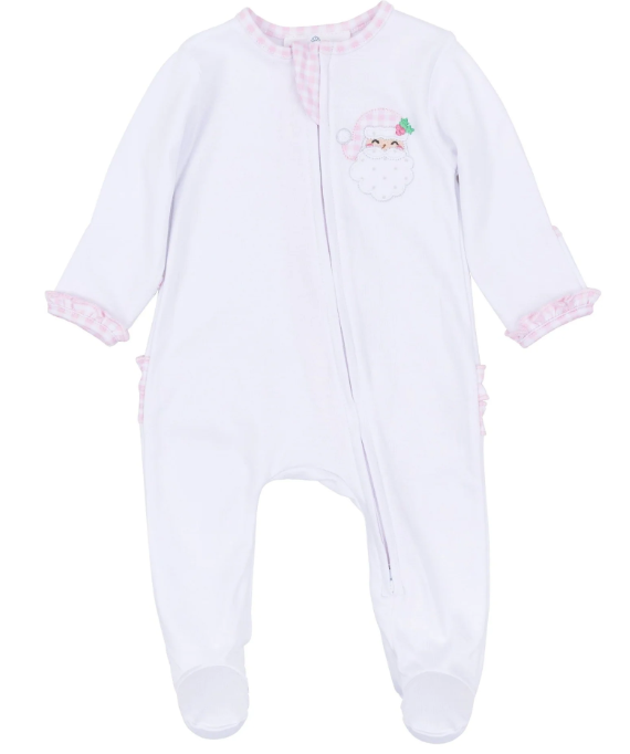 Magnolia Baby: Sweet St Nick Applique Ruffle Zip Footie- Pink