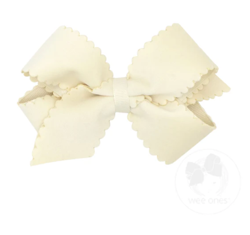 wee ones: Grosgrain Hair Bow with Scalloped Edge Faux Velvet Overlay - Antique White