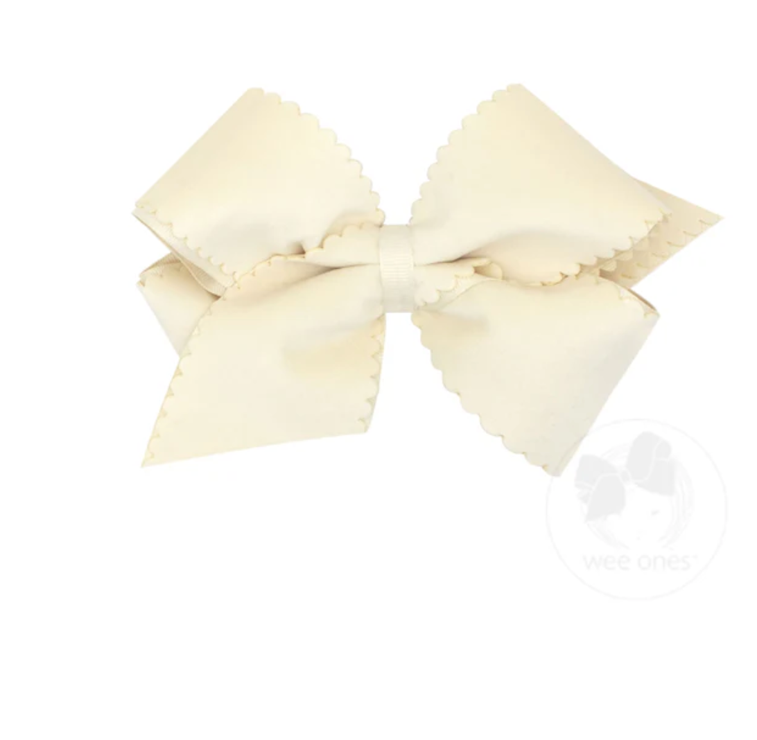 wee ones: Grosgrain Hair Bow with Scalloped Edge Faux Velvet Overlay - Antique White