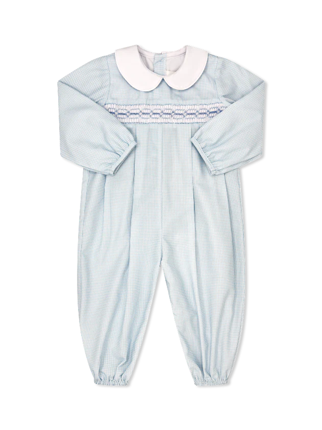 Lullaby Set: Christopher Romper Long Sleeve - Baby Blue Minigingham