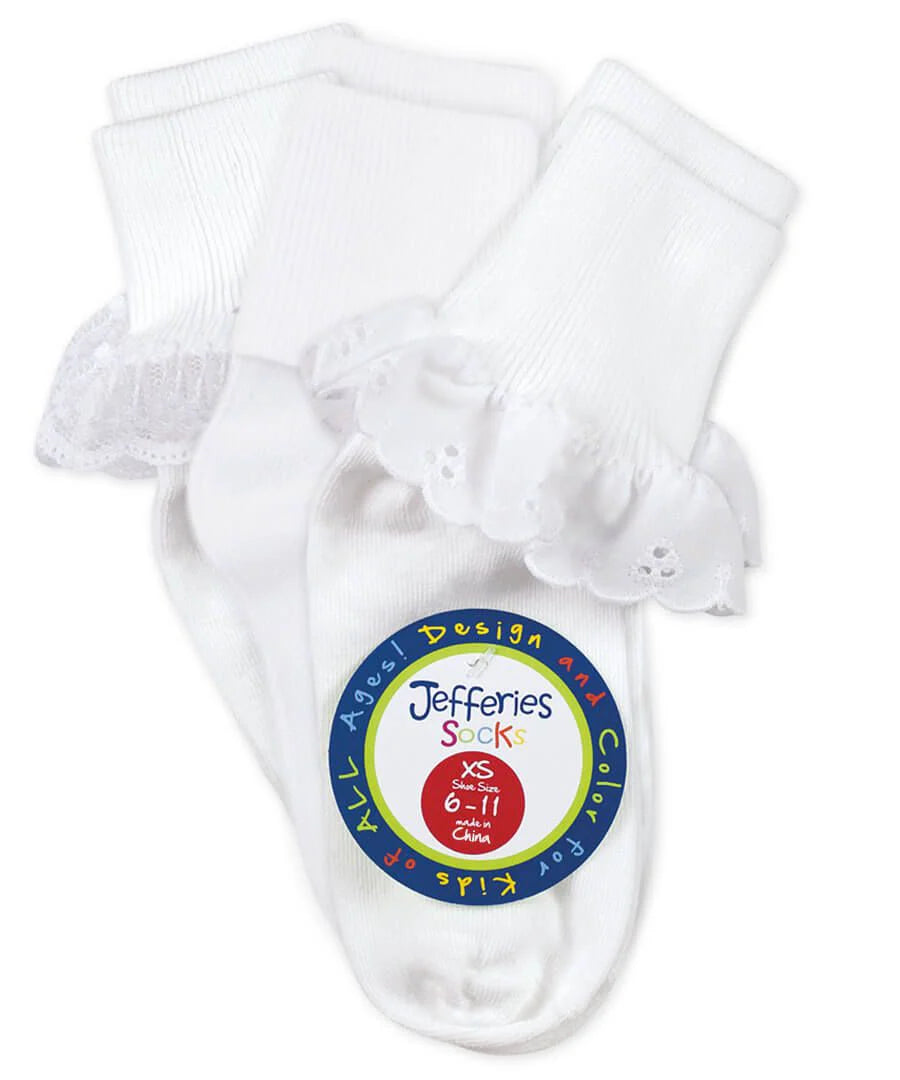 Jefferies Socks: Eyelet/Lace Turn Cuff Socks Assorted Pack -  White