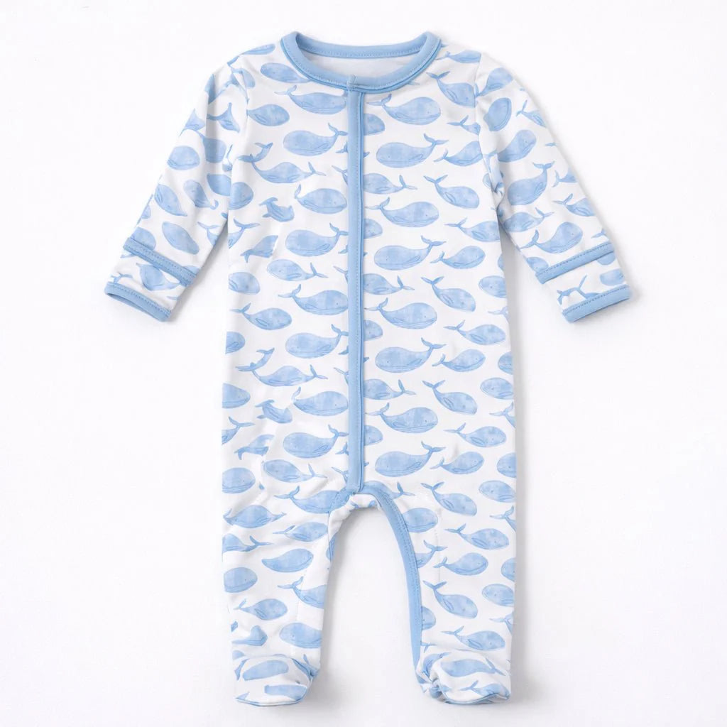Magnolia Baby: Azure Whales Print Footie - Light Blue