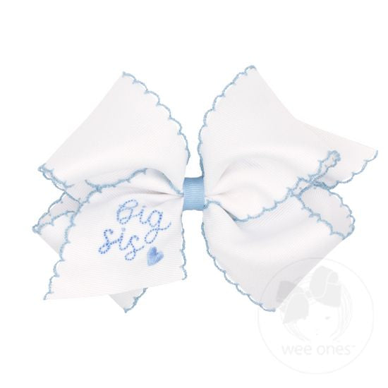 wee ones: big sis Bow - White Grosgrain Bow with Light Blue Moonstitch Trim