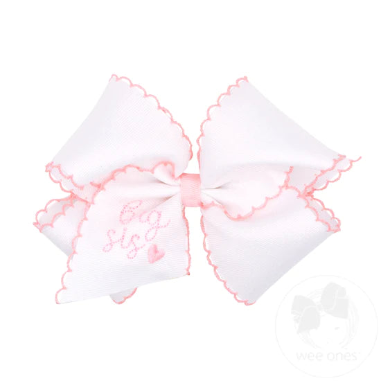 wee ones: big sis Bow - White Grosgrain Bow with Light Pink Moonstitch Trim