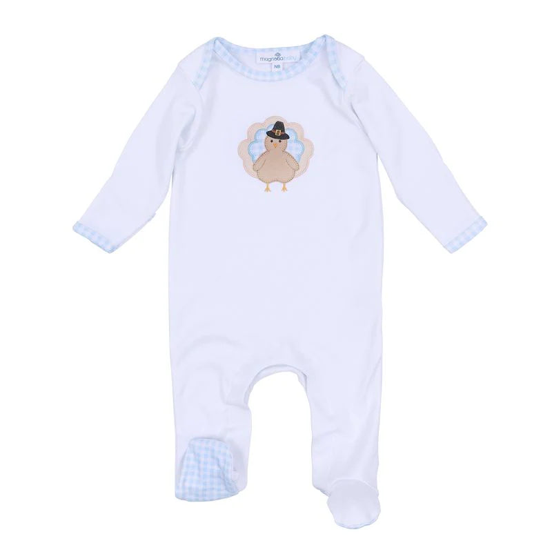 Magnolia Baby: Pilgrim Pals Applique Zipper Footie - Light Blue