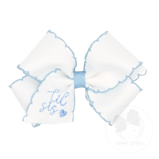 wee ones: lil sis Bow - White Grosgrain Bow with Light Blue Moonstitch Trim