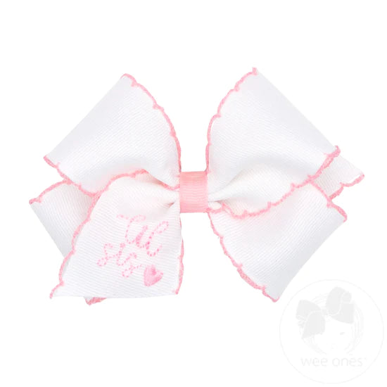 wee ones: lil sis Bow - White Grosgrain Bow with Light Pink Moonstitch Edge