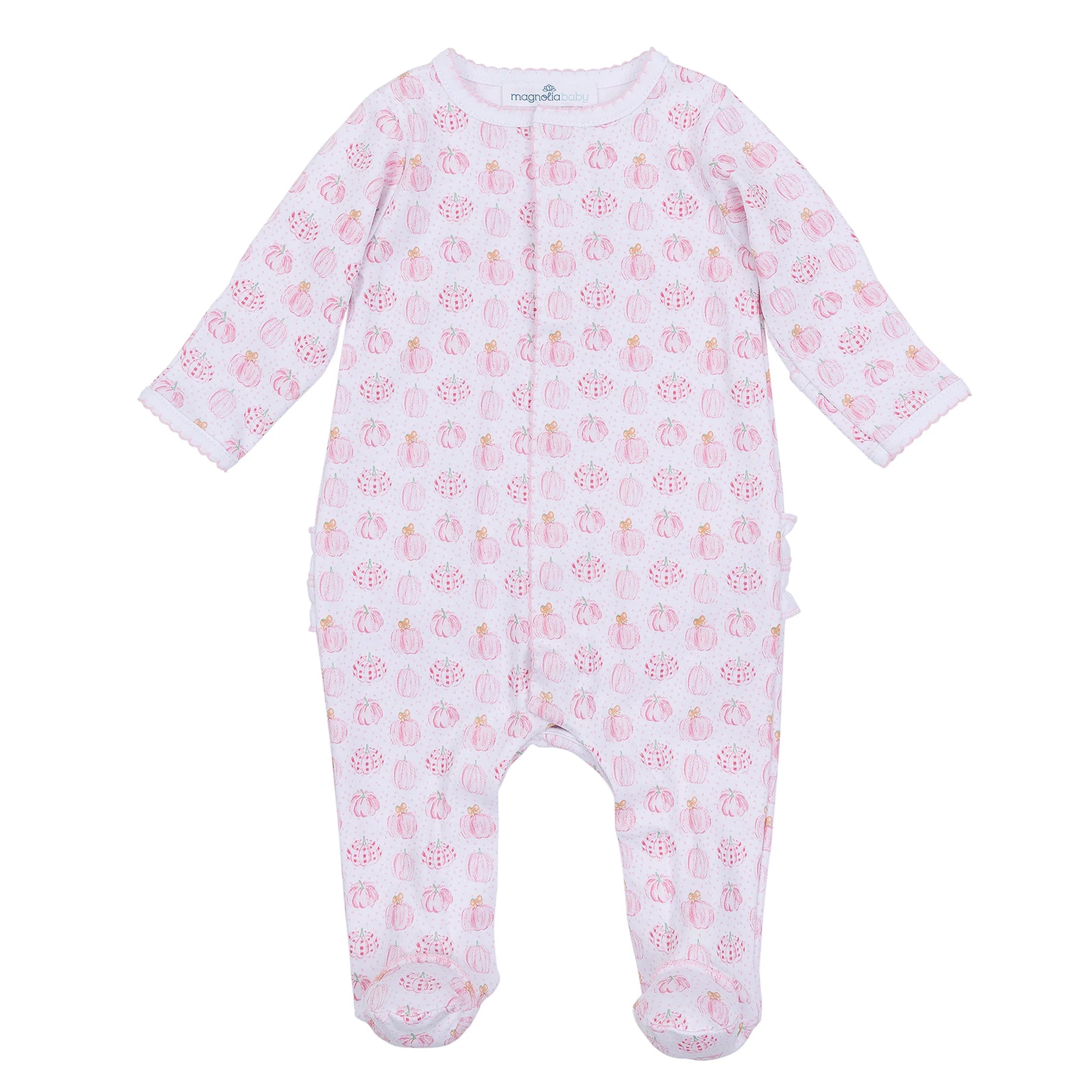 Magnolia Baby: Precious Pumpkins Printed Zipper Footie with Ruffle - Pink