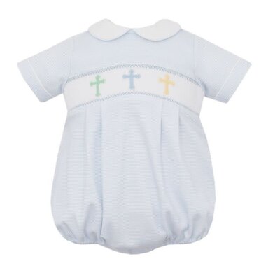 Petit Bebe: KNITS BABY BOYS LIGHT BLUE STRIPED SMOCKED CROSSES BUBBLE