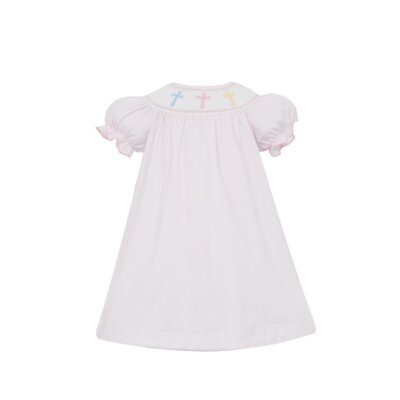 Petit Bebe: GIRLS PINK STRIPED KNIT SMOCKED CROSSES BISHOP DRESS