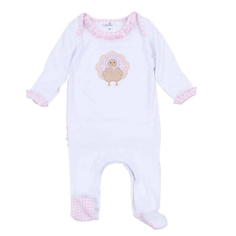 Magnolia Baby: Pilgrim Pals Applique Zipper Footie with Ruffle - Pink